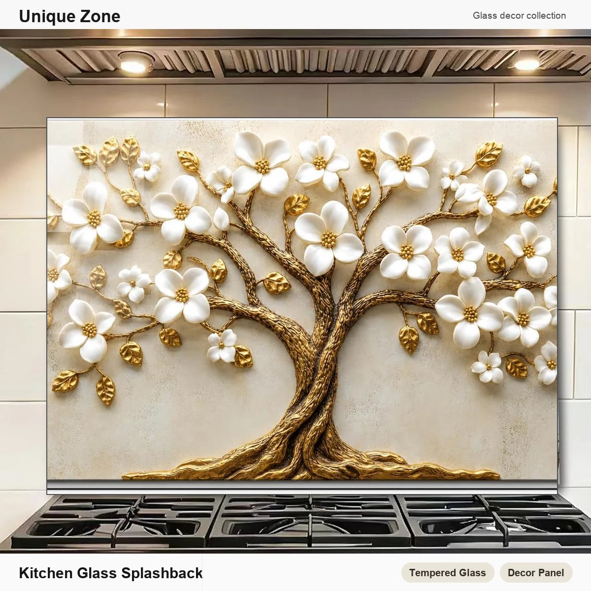 Floral Tempered Glass Kitchen Backsplash - Unique Zone branded kitchen stove scene main image