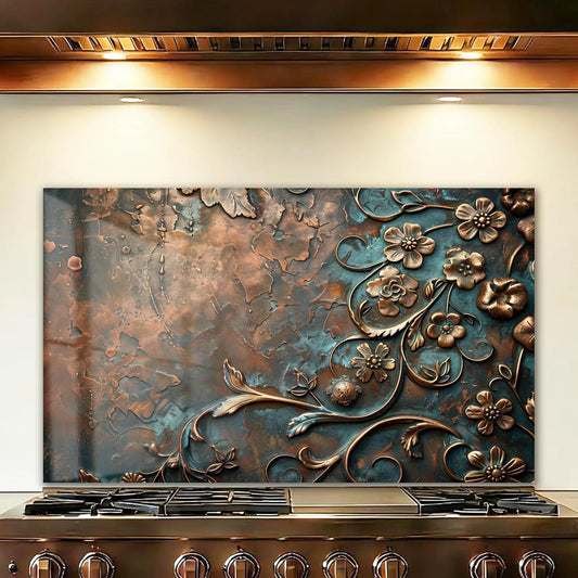 Bronze Floral tempered glass kitchen backsplash close-up product view
