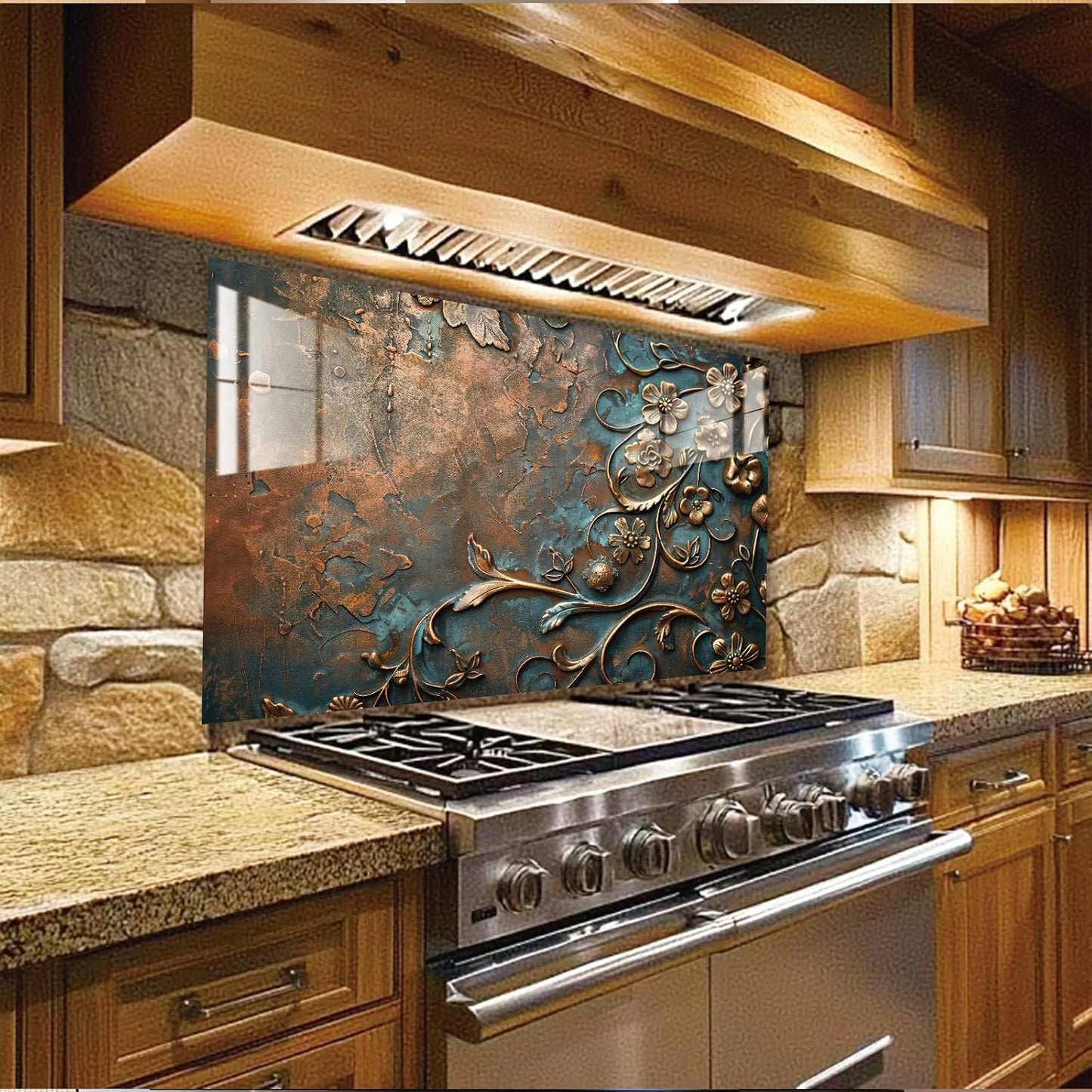 Bronze Floral tempered glass kitchen backsplash size reference view