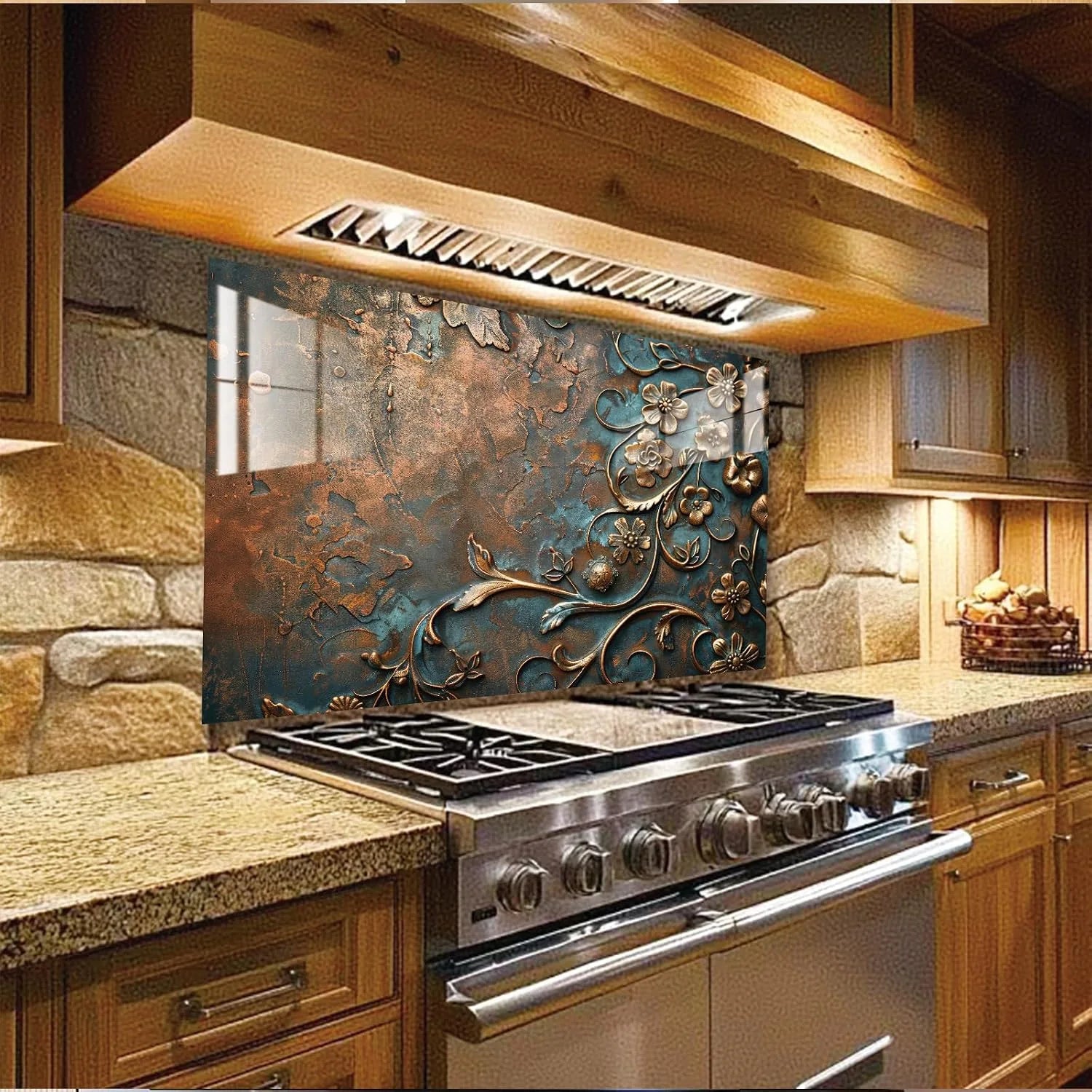 Bronze Floral tempered glass kitchen backsplash size reference view