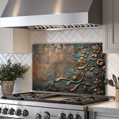 Bronze Floral tempered glass kitchen backsplash glass surface detail