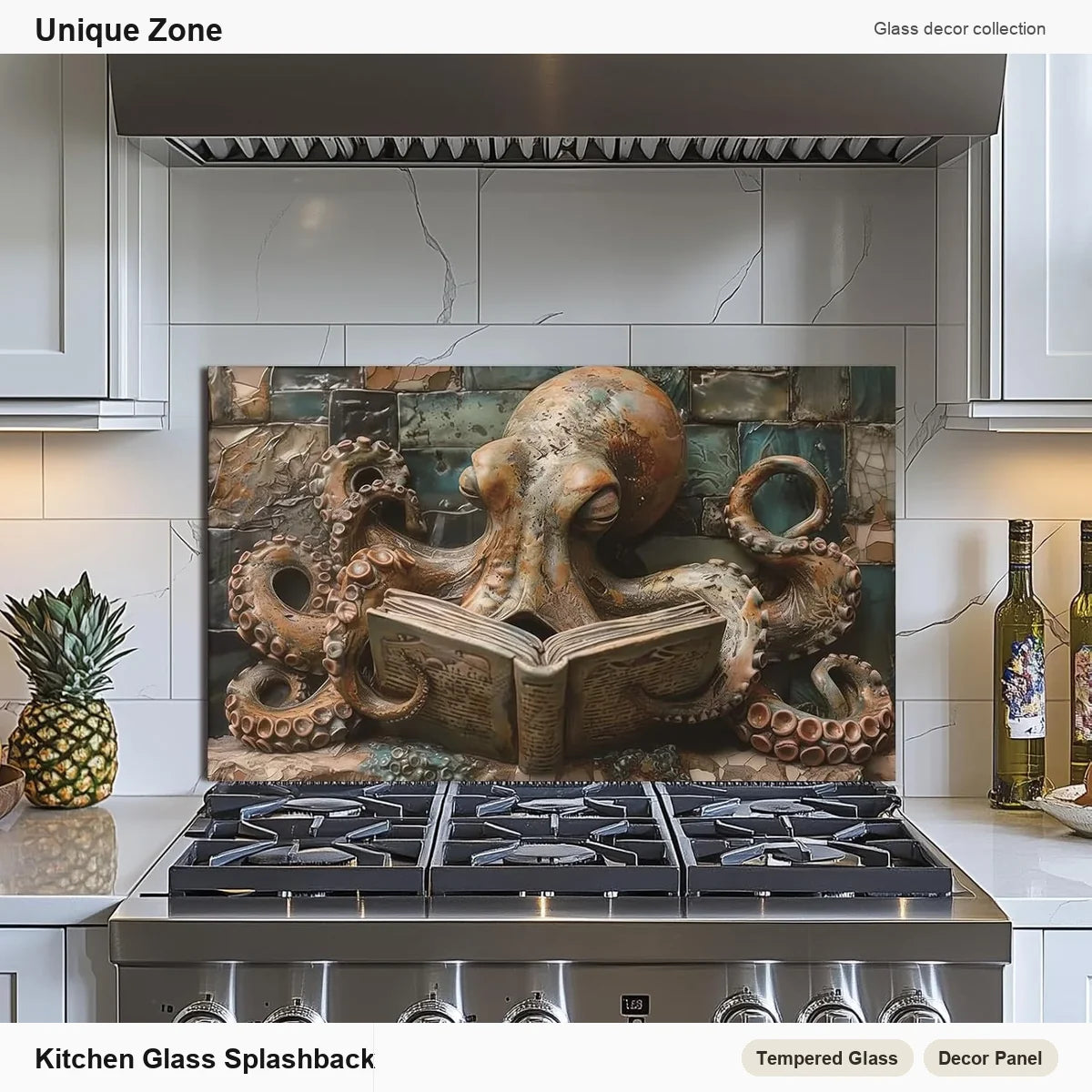 Octopus Tempered Glass Kitchen Backsplash - Unique Zone branded kitchen backsplash main image