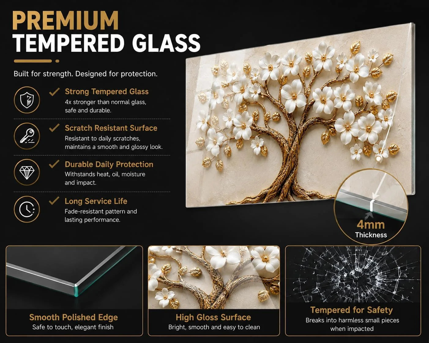 Floral tempered glass kitchen backsplash size reference view