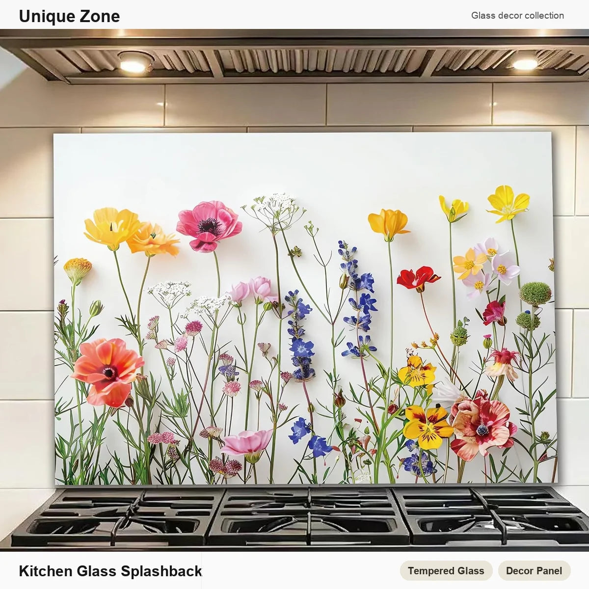 White Floral Tempered Glass Kitchen Backsplash - Unique Zone branded kitchen backsplash main image