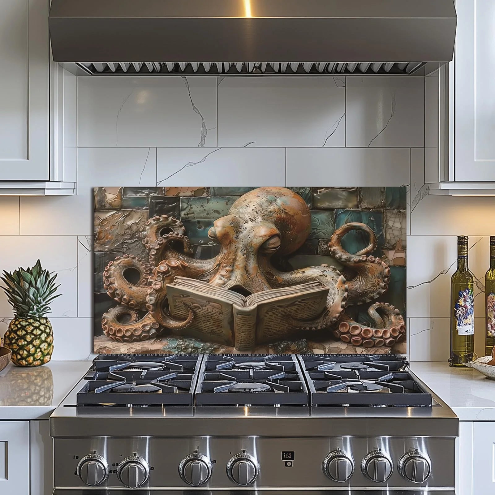 Octopus tempered glass kitchen backsplash angled product view