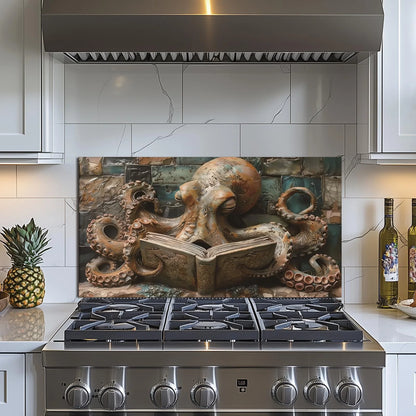 Octopus tempered glass kitchen backsplash angled product view