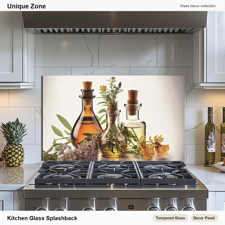 Herbs and Olive Oil Tempered Glass Kitchen Backsplash