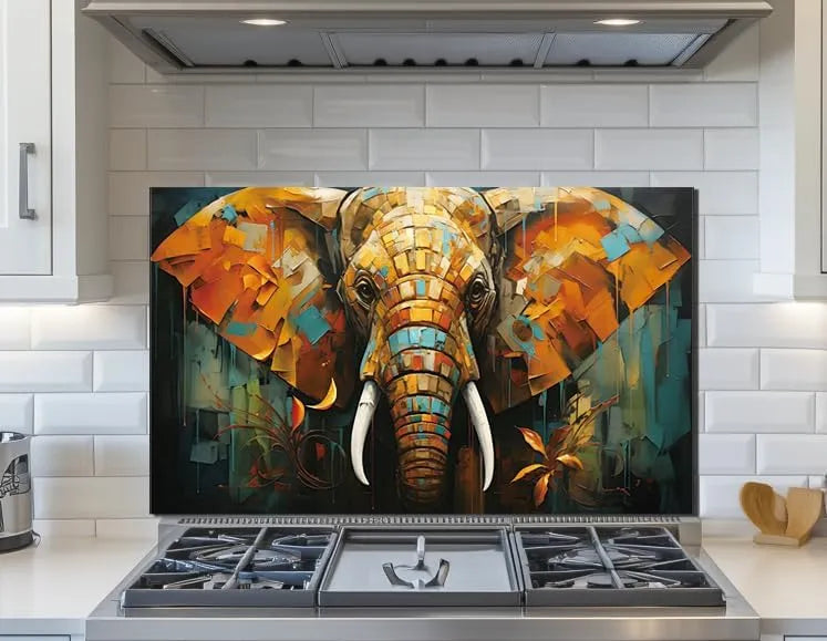 Elephant tempered glass kitchen backsplash installed above gas stove