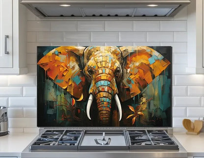 Elephant tempered glass kitchen backsplash installed above gas stove