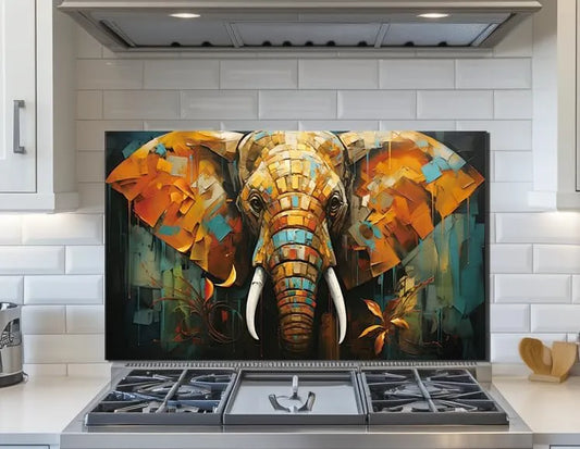 Elephant tempered glass kitchen backsplash installed above gas stove