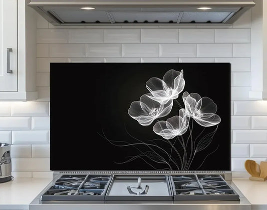 White Flower - Tempered Glass Backsplash for Kitchen