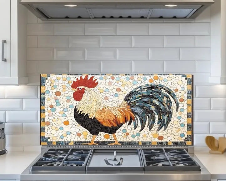 Vibrant Rooster Mosaic Tempered Glass Kitchen Backsplash