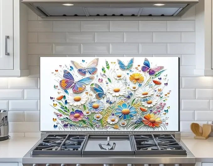 Butterfly Flower tempered glass kitchen backsplash with colorful butterflies and flowers design