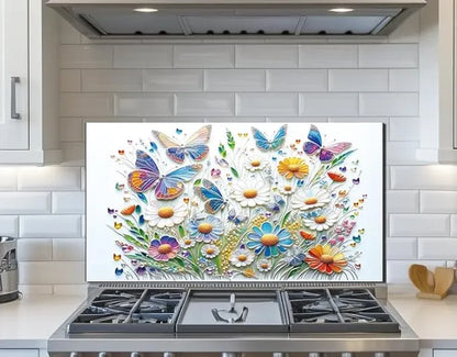 Butterfly Flower tempered glass kitchen backsplash with colorful butterflies and flowers design