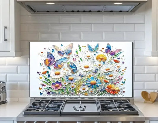 Butterfly Flower tempered glass kitchen backsplash with colorful butterflies and flowers design