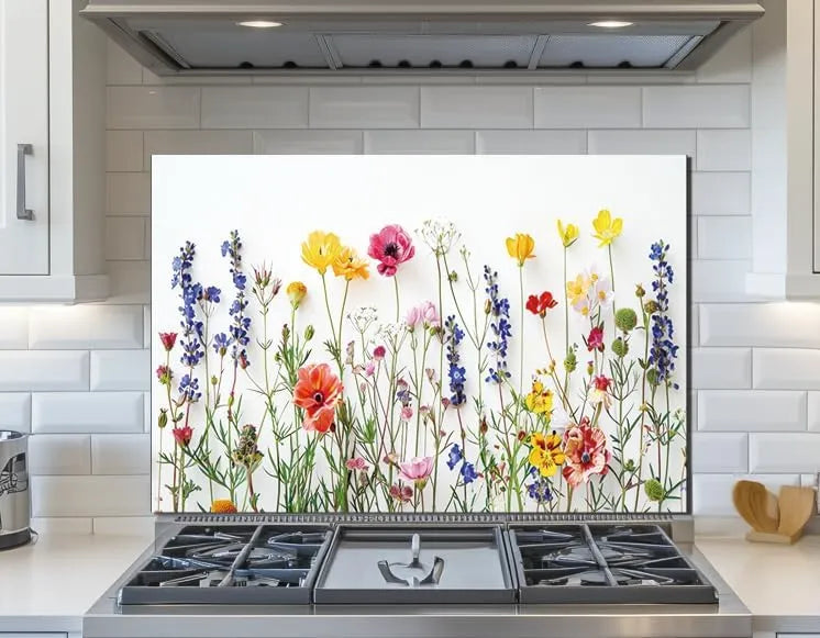 Colorful Floral Tempered Glass Kitchen Backsplash - Unique Zone