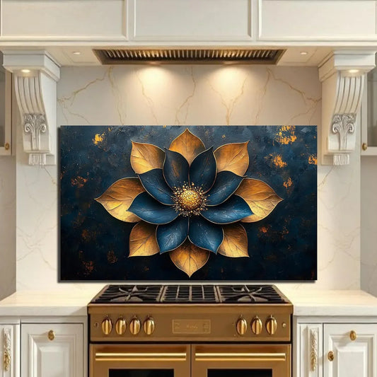 Blue Golden Flowers Tempered Glass Kitchen Backsplash Decor Art