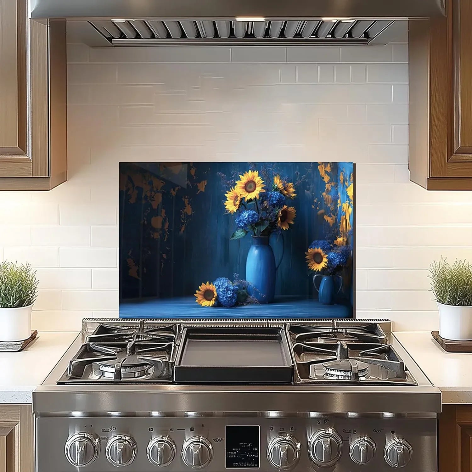 Tempered Glass Blue Vase Design Backsplash For Kitchen Behind Stove - Modern Stove Setup