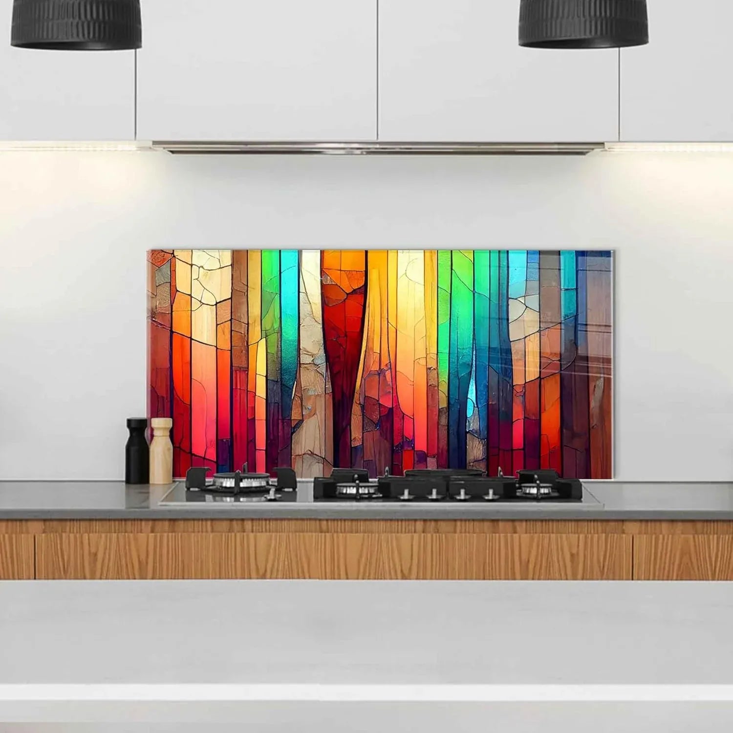 Colorful Tempered Glass Kitchen Backsplash Behind Gas Stove - Unique Zone