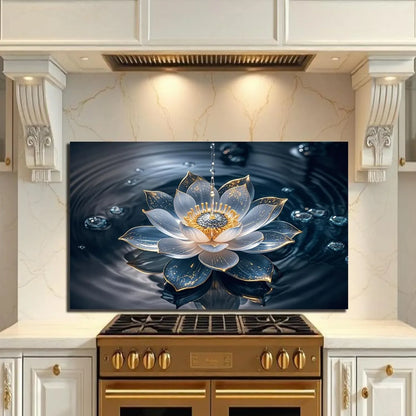 Lotus flower tempered glass kitchen backsplash, elegant decorative wall panel for modern kitchens
