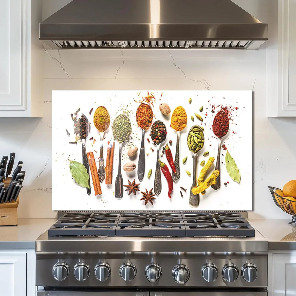 Condiment glass kitchen backsplash featuring spoons of various spices and herbs in vibrant arrangement
