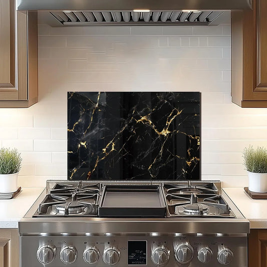 Tempered glass black marbling stove backsplash, gold veined design