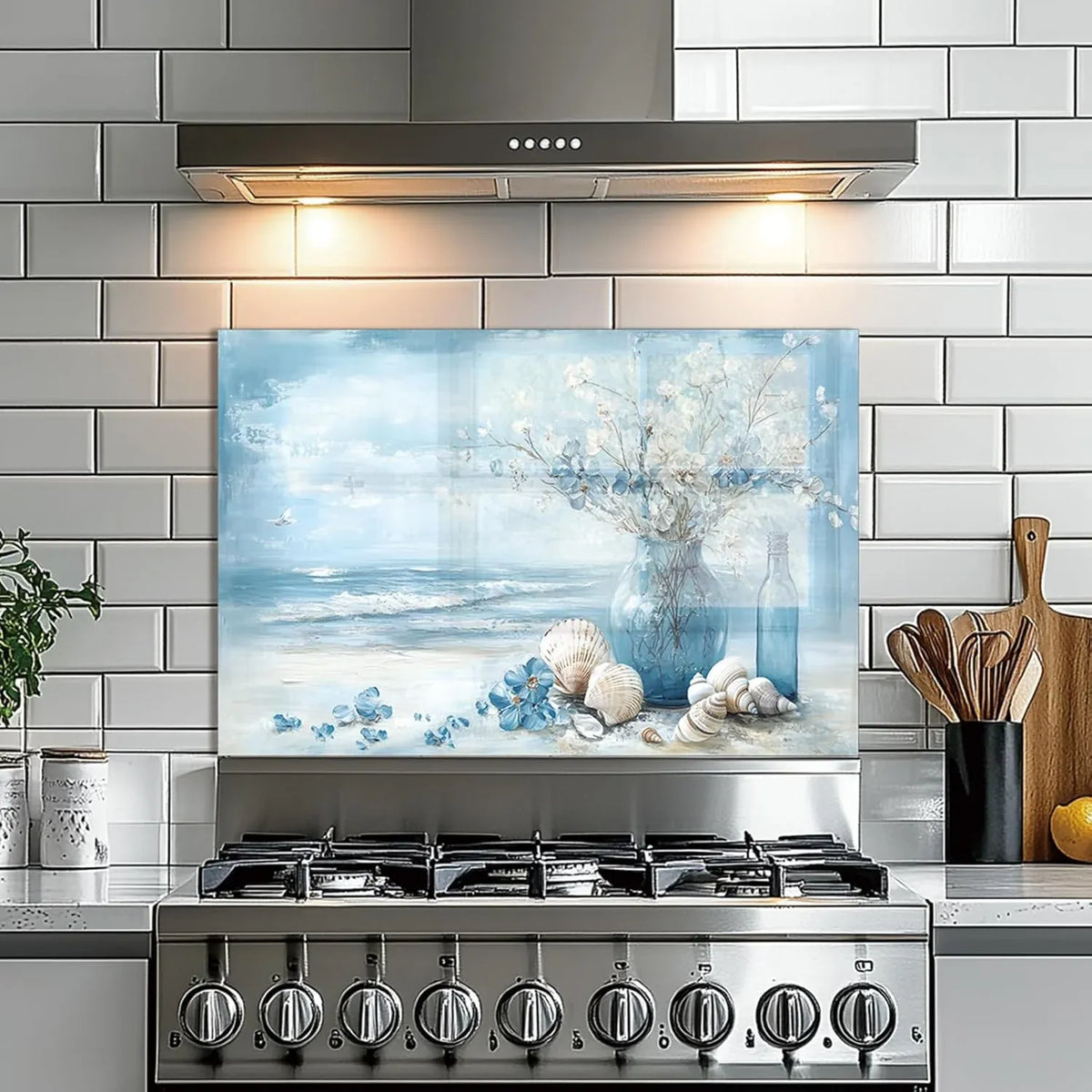 Blue beach themed tempered glass backsplash with seashells and flowers behind stove