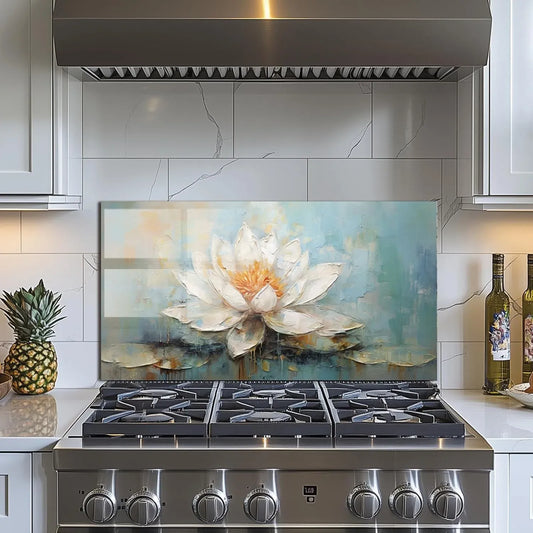 Pure White Lotus - Tempered Glass Backsplash for Kitchen
