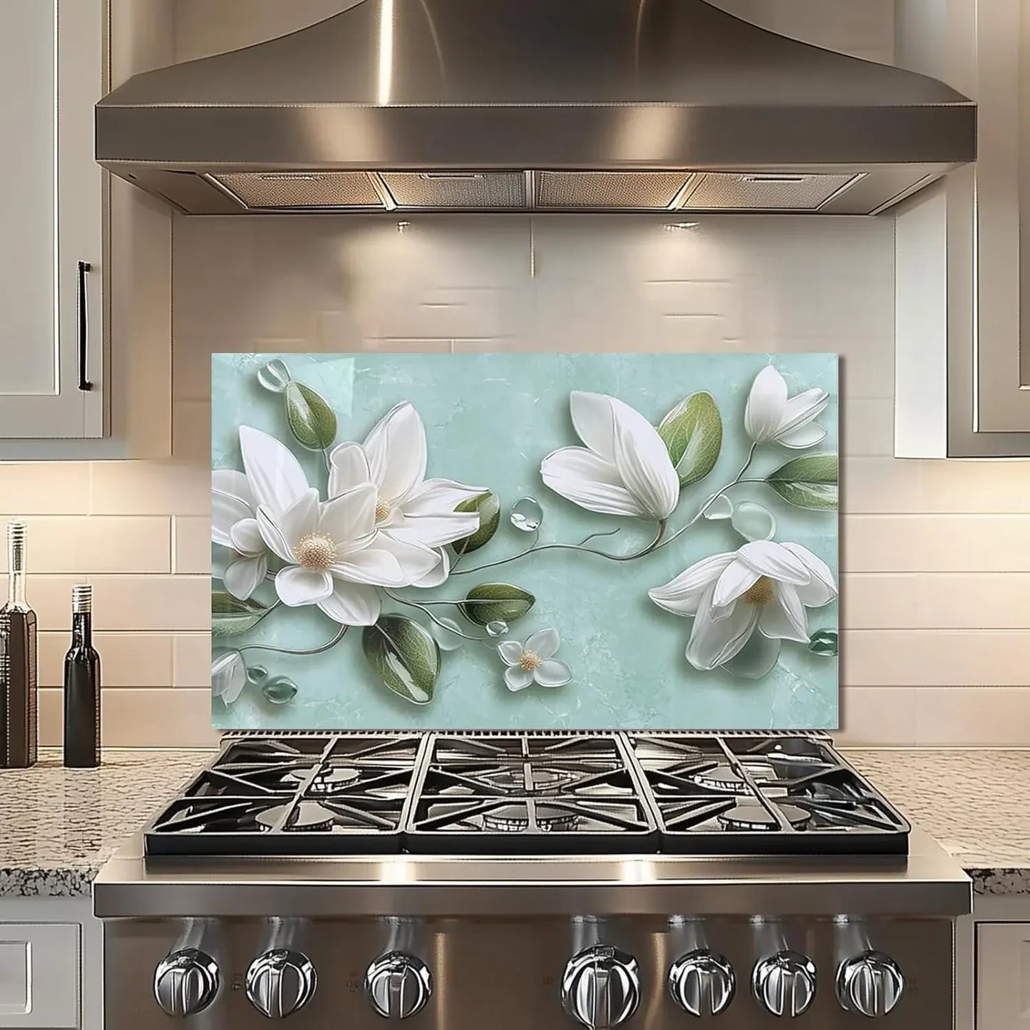 3D White Floral Tempered Glass Kitchen Backsplash - Unique Zone