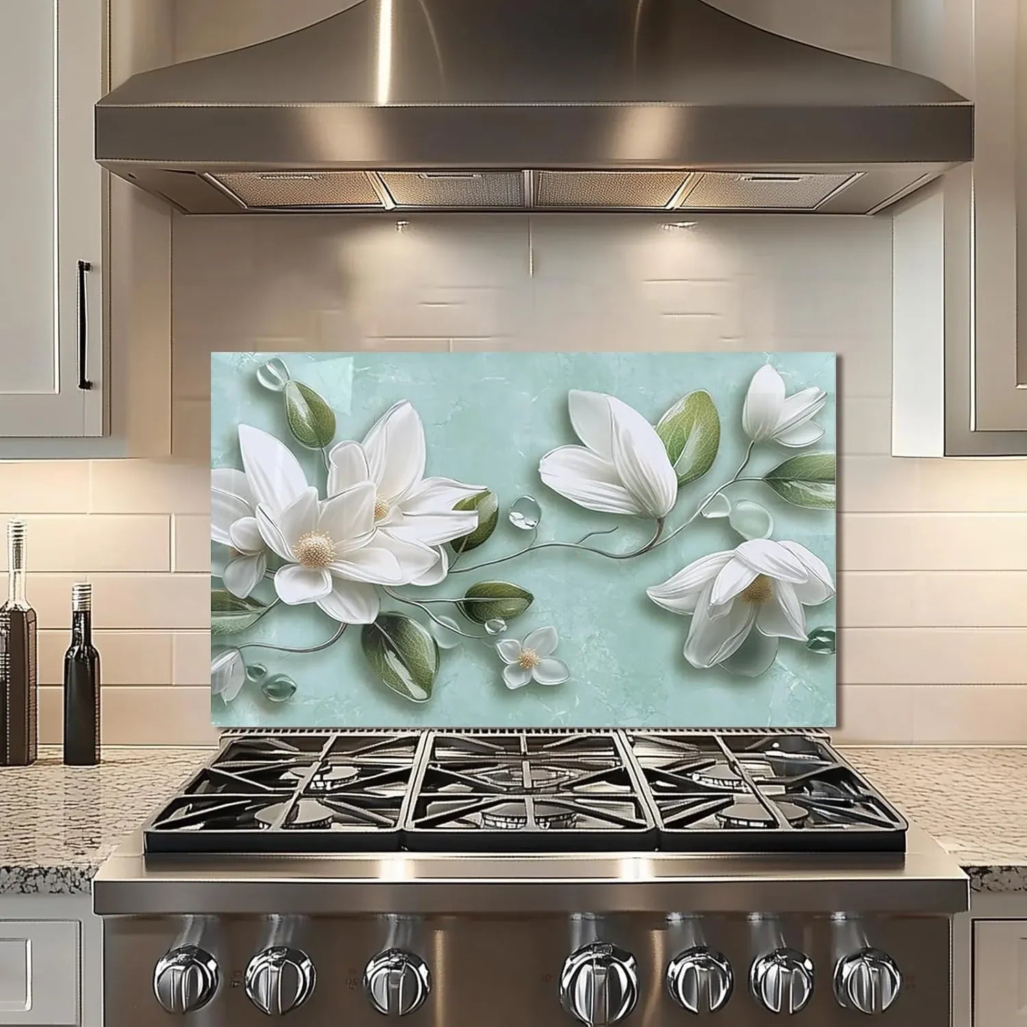 3D White Floral Tempered Glass Kitchen Backsplash - Unique Zone