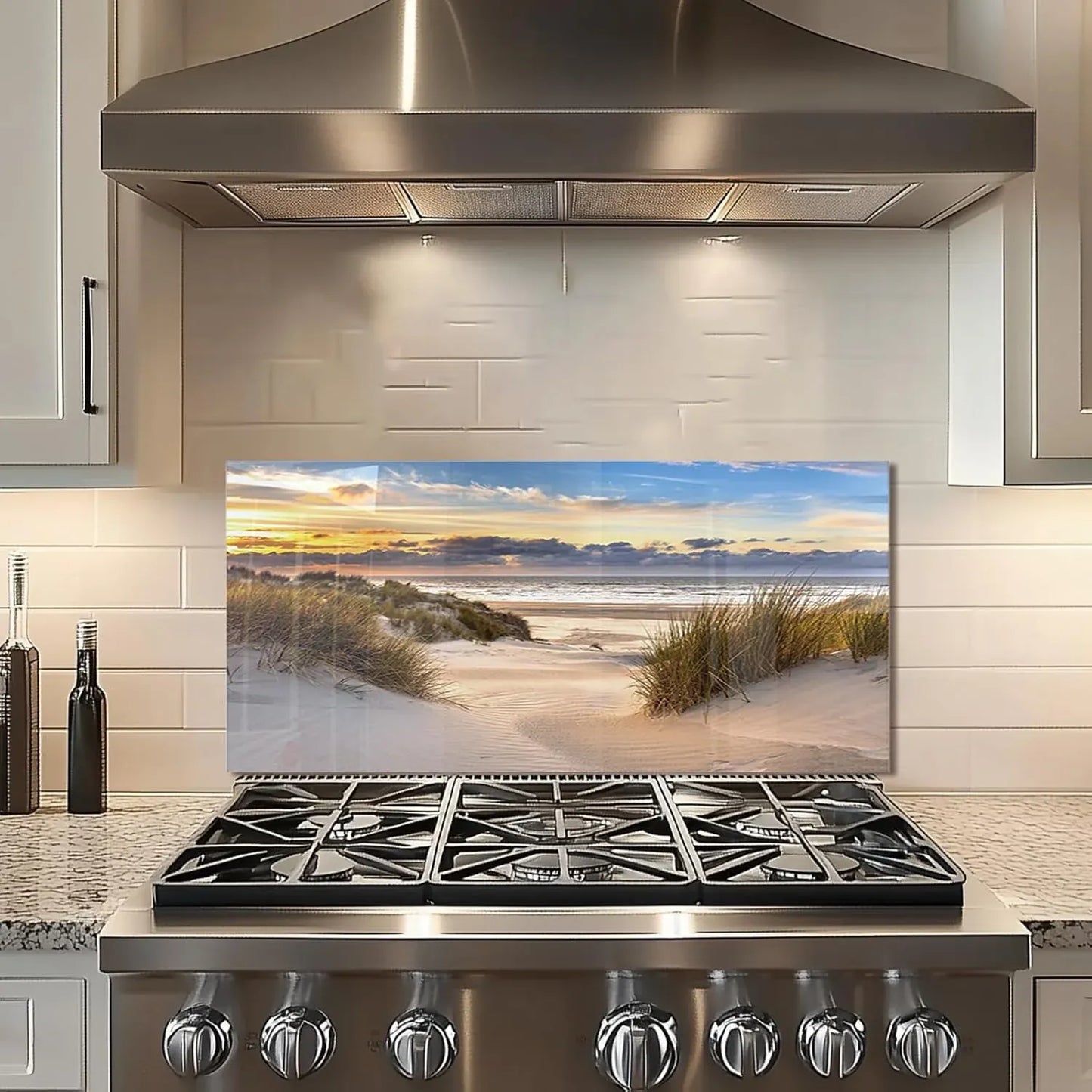 Beach-themed kitchen sink cover splash guard with ocean sunset and sand dunes design