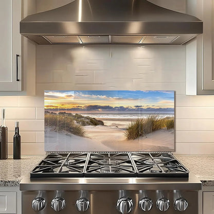 Beach-themed kitchen sink cover splash guard with ocean sunset and sand dunes design