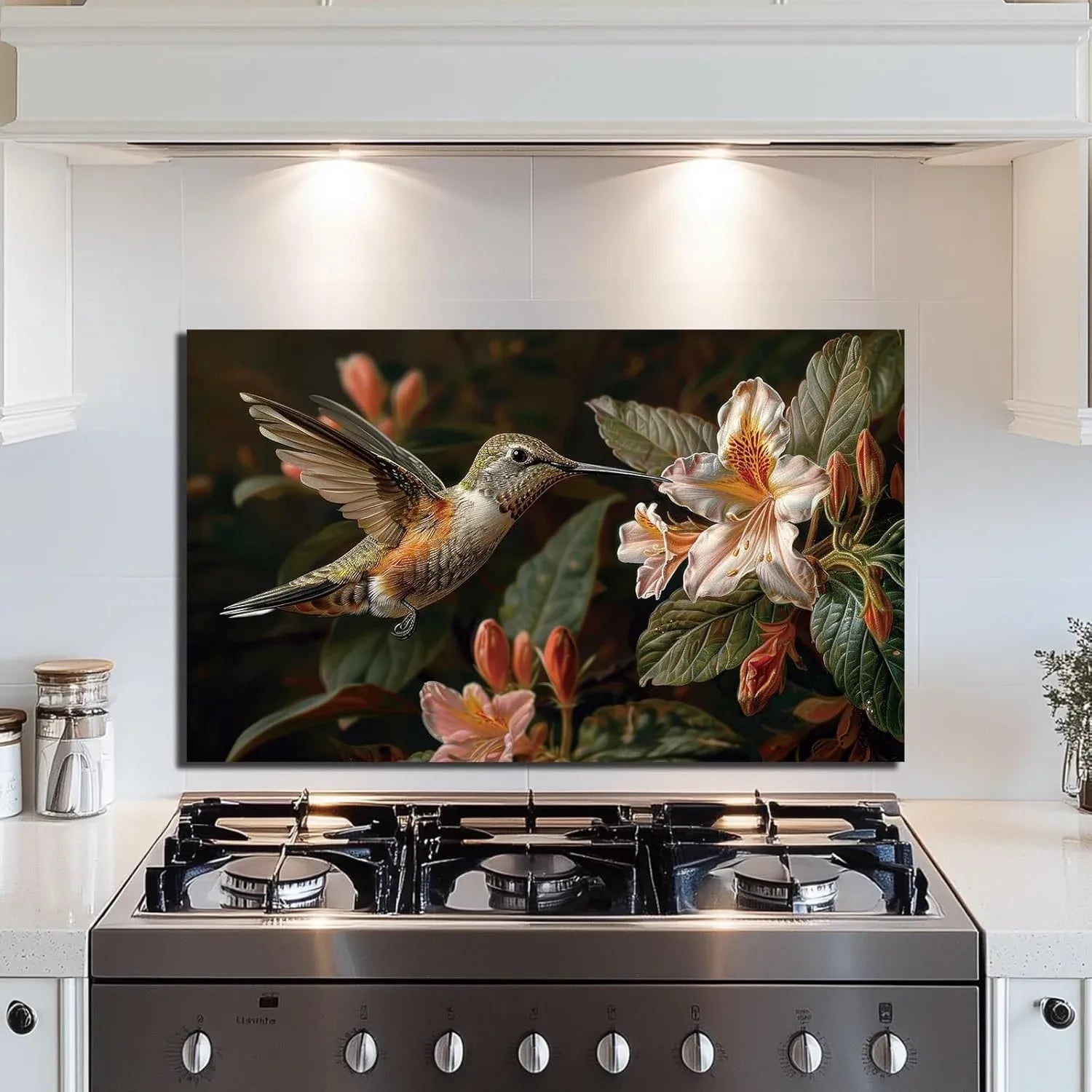 Hummingbird & Flowers Tempered Glass Kitchen Backsplash Decor