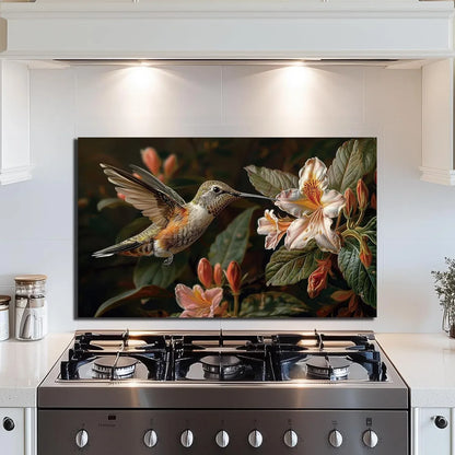Hummingbird & Flowers Tempered Glass Kitchen Backsplash Decor