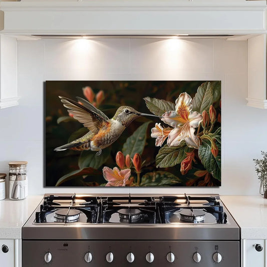 Hummingbird & Flowers Tempered Glass Kitchen Backsplash Decor