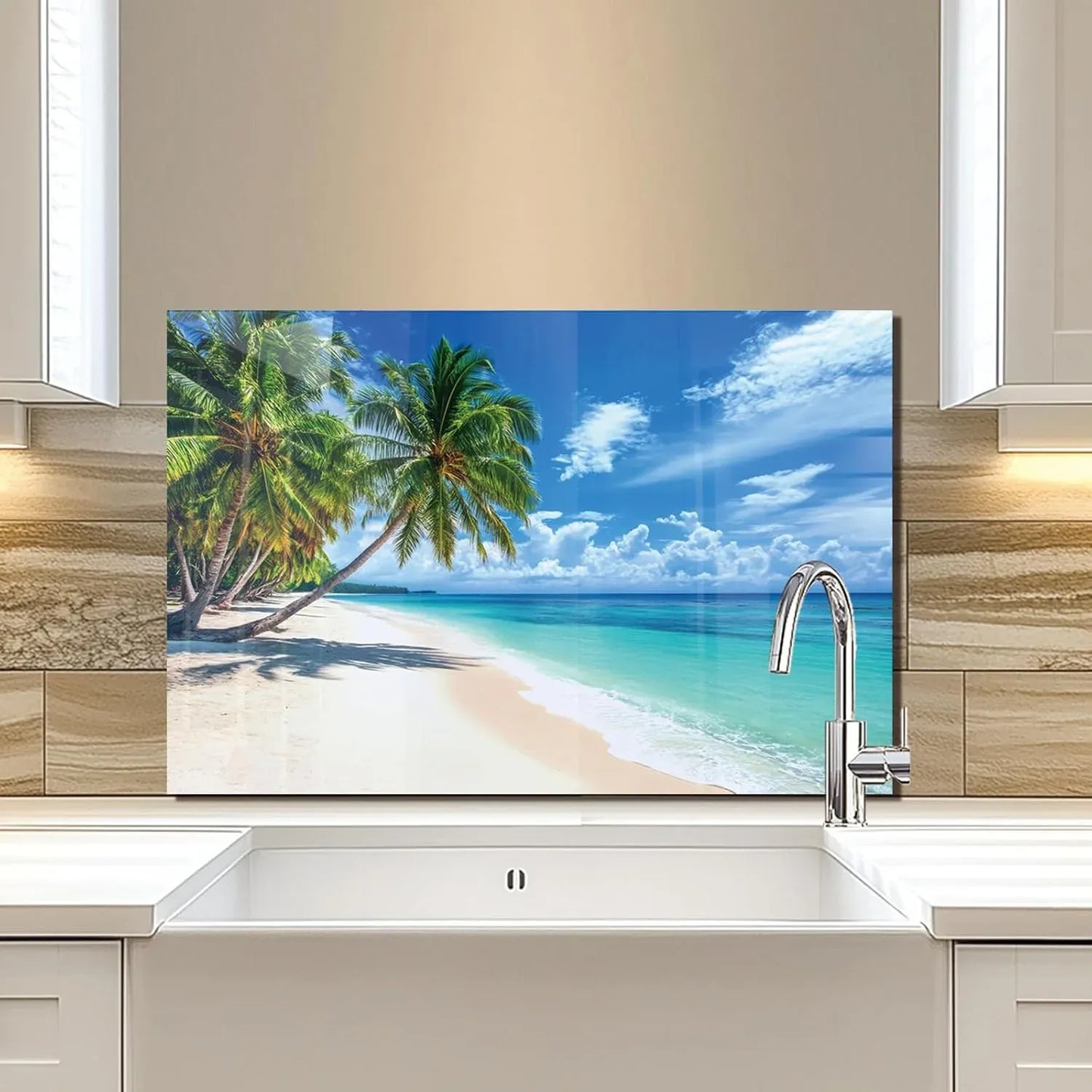 Coconut trees beach scene tempered glass kitchen sink cover splash guard