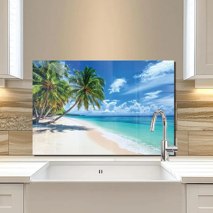 Coconut trees beach scene tempered glass kitchen sink cover splash guard