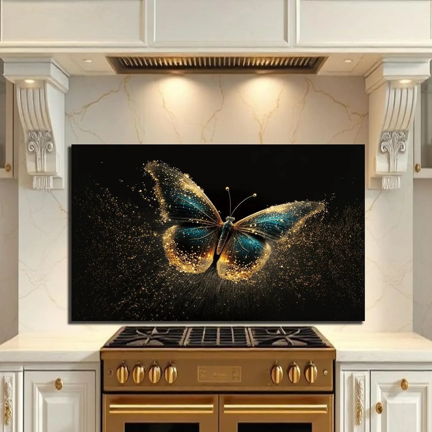 Elegant golden butterfly tempered glass kitchen backsplash