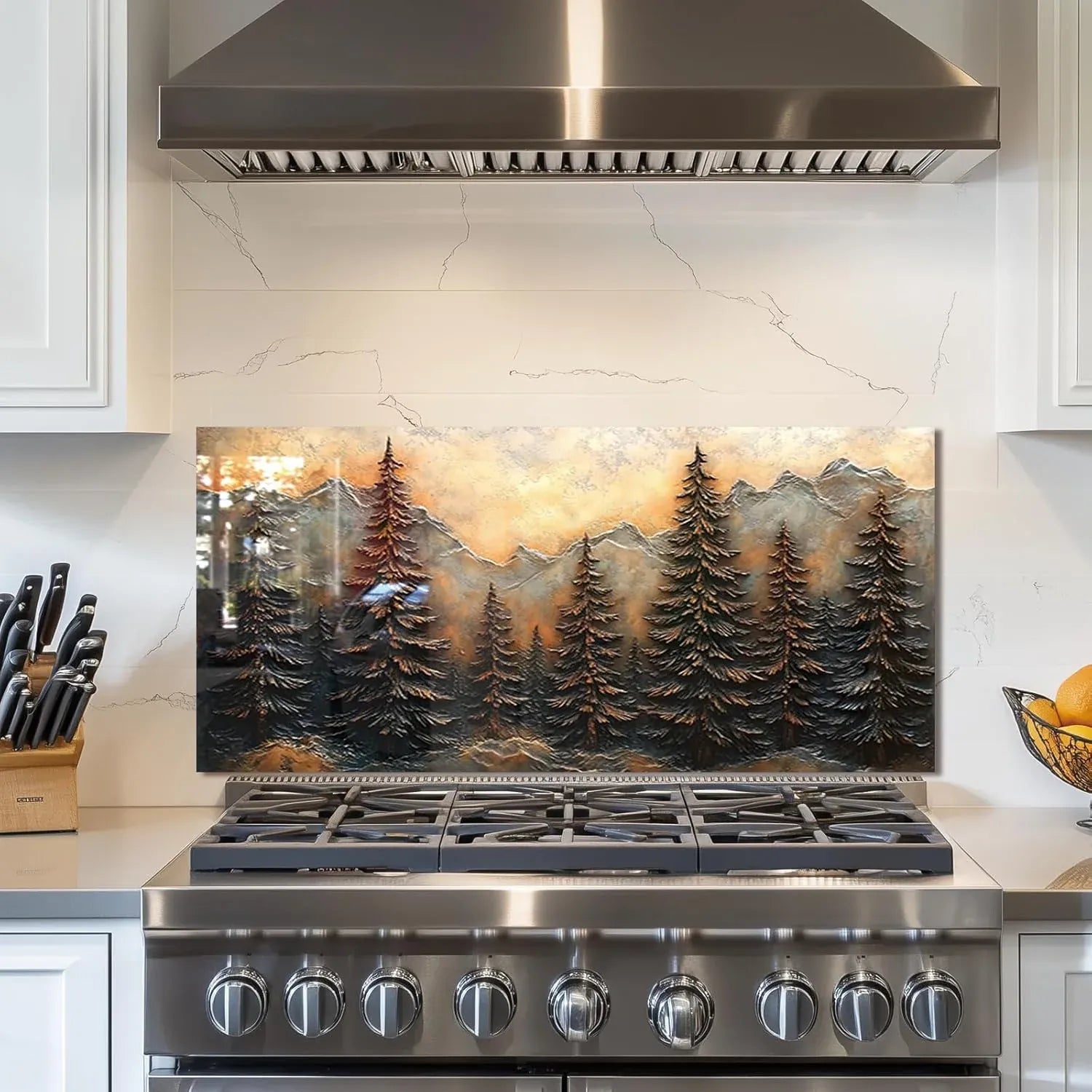 Tempered Glass 3D Pine Forest Kitchen Sink Cover Splash Guard Installed Above Stove