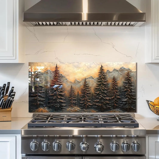 Tempered Glass 3D Pine Forest Kitchen Sink Cover Splash Guard Installed Above Stove