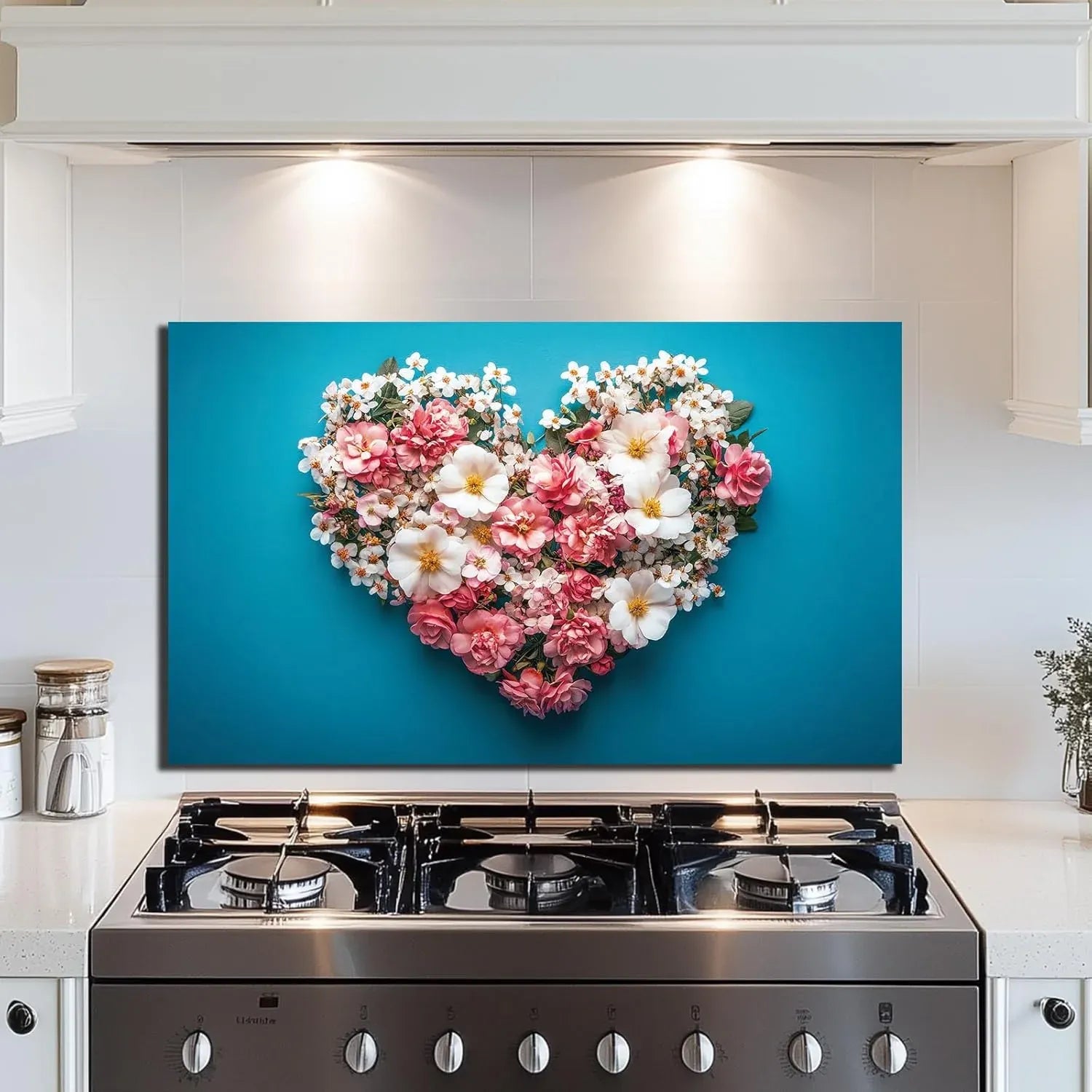 Heart-Shaped Flower Bouquet Tempered Glass Kitchen Backsplash - Blue Background Pink White Flowers