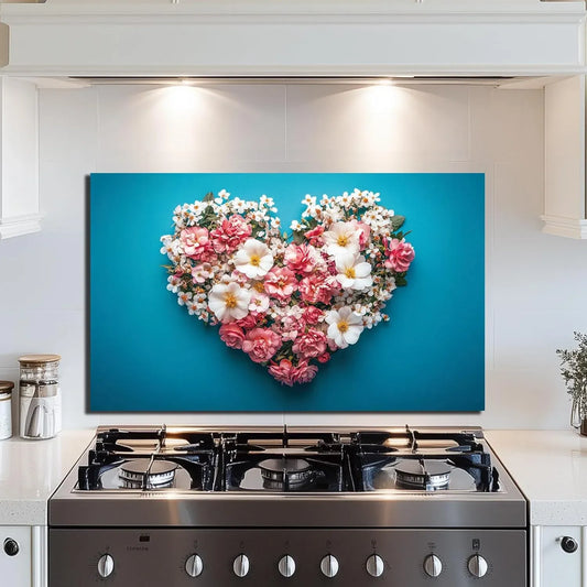 Heart-Shaped Flower Bouquet Tempered Glass Kitchen Backsplash - Blue Background Pink White Flowers