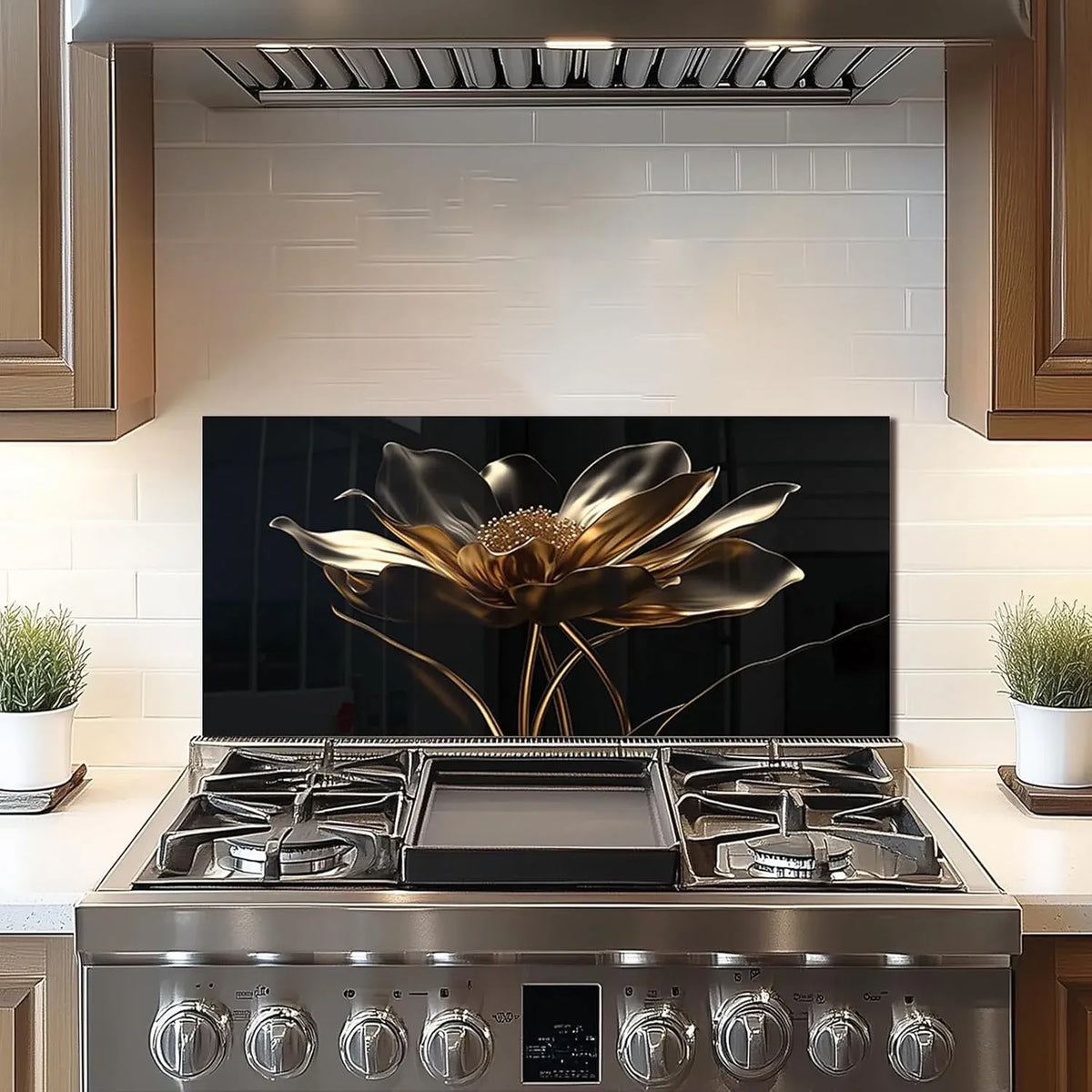 Tempered glass golden lotus backsplash for kitchen stove, elegant decorative panel