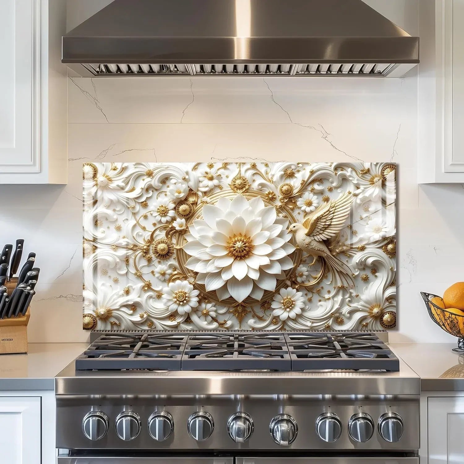 3D Platinum Flowers and Birds Tempered Glass Kitchen Backsplash Decorative Panel
