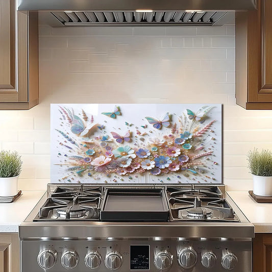 Colorful 3D Butterfly Flower Blossoms Tempered Glass Kitchen Backsplash Decorative Wall Panel