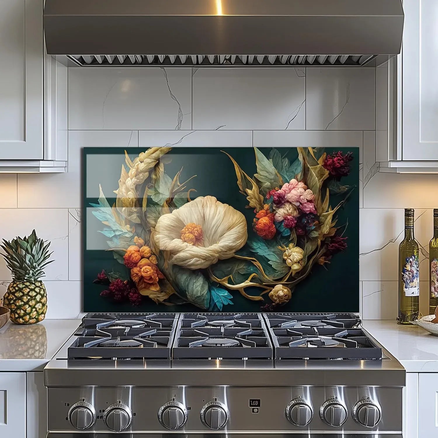 Colorful flowers tempered glass kitchen backsplash over stove unique zone