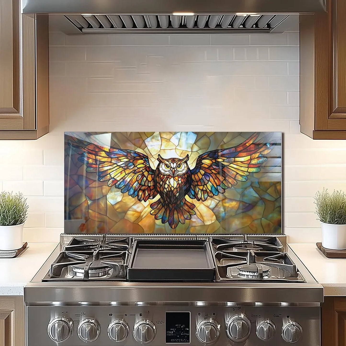 Tempered Glass Owl Stove Backsplash Top Cover - Vibrant Stained Glass Design