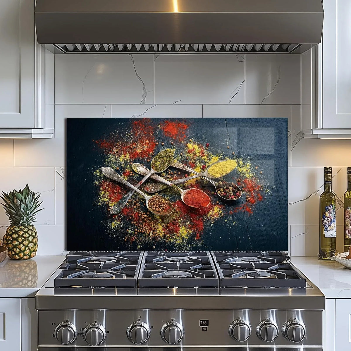Spice Tempered Glass Kitchen Backsplash - Spoons with Colorful Spices Artwork