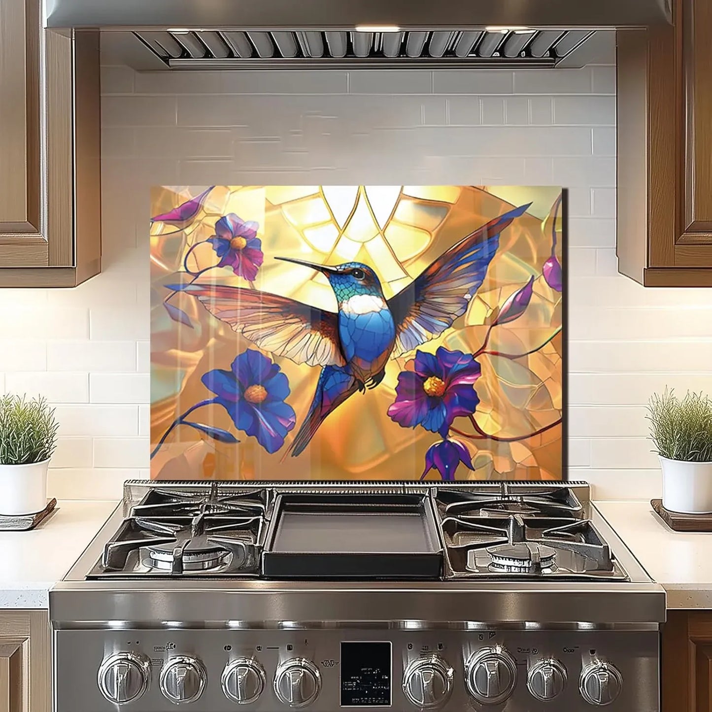 Colorful hummingbird glass stove backsplash easy clean modern decor