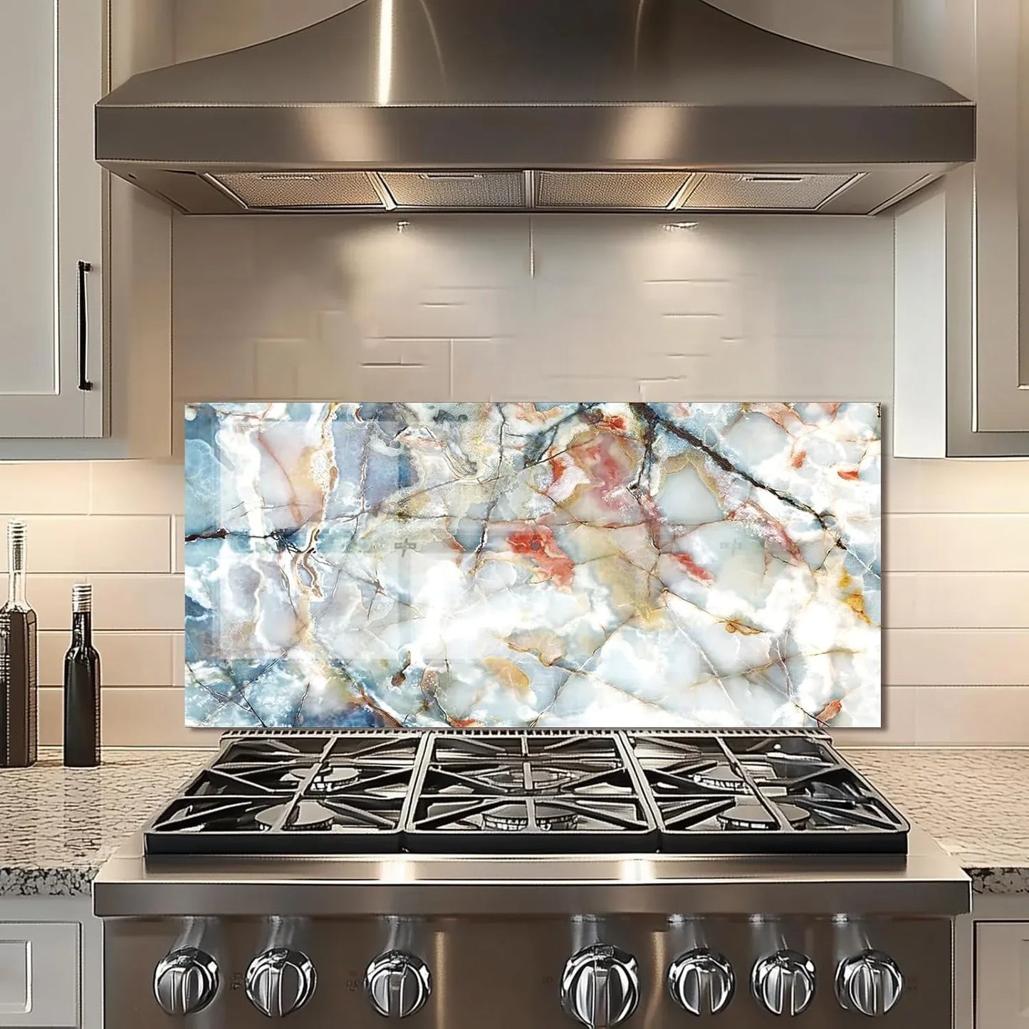 Marble pattern tempered glass kitchen backsplash behind stove, modern home decor